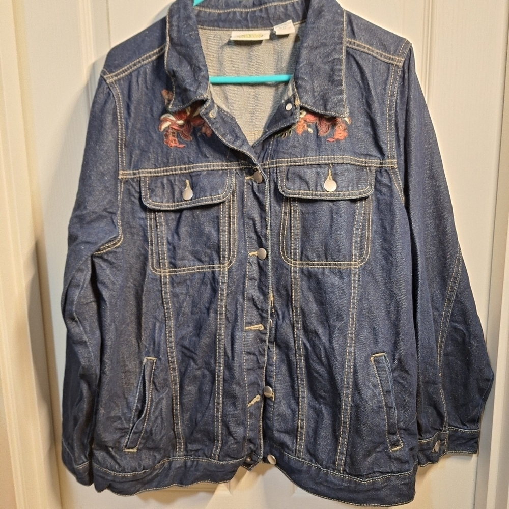 Denim Jean Jacket with Fall Flowers Embroidery Extra Large